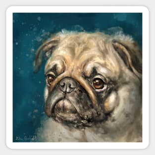 Expressive painting of a Pug on a dark blue background Sticker